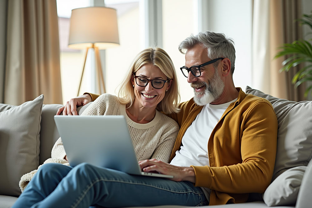 Cheerful retired couple sitting on the couch comfortably shopping online from their living room using laptop Should I combine my pensions into one pot?
