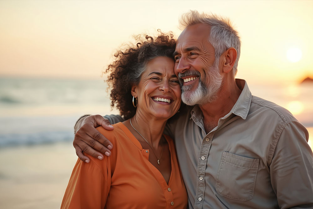 Affectionate senior couple embraces on ocean beach at sunset after retirement. Black african american afro woman, grey hair man enjoy quality time together on summer vacation. Should I combine my pensions into one pot?